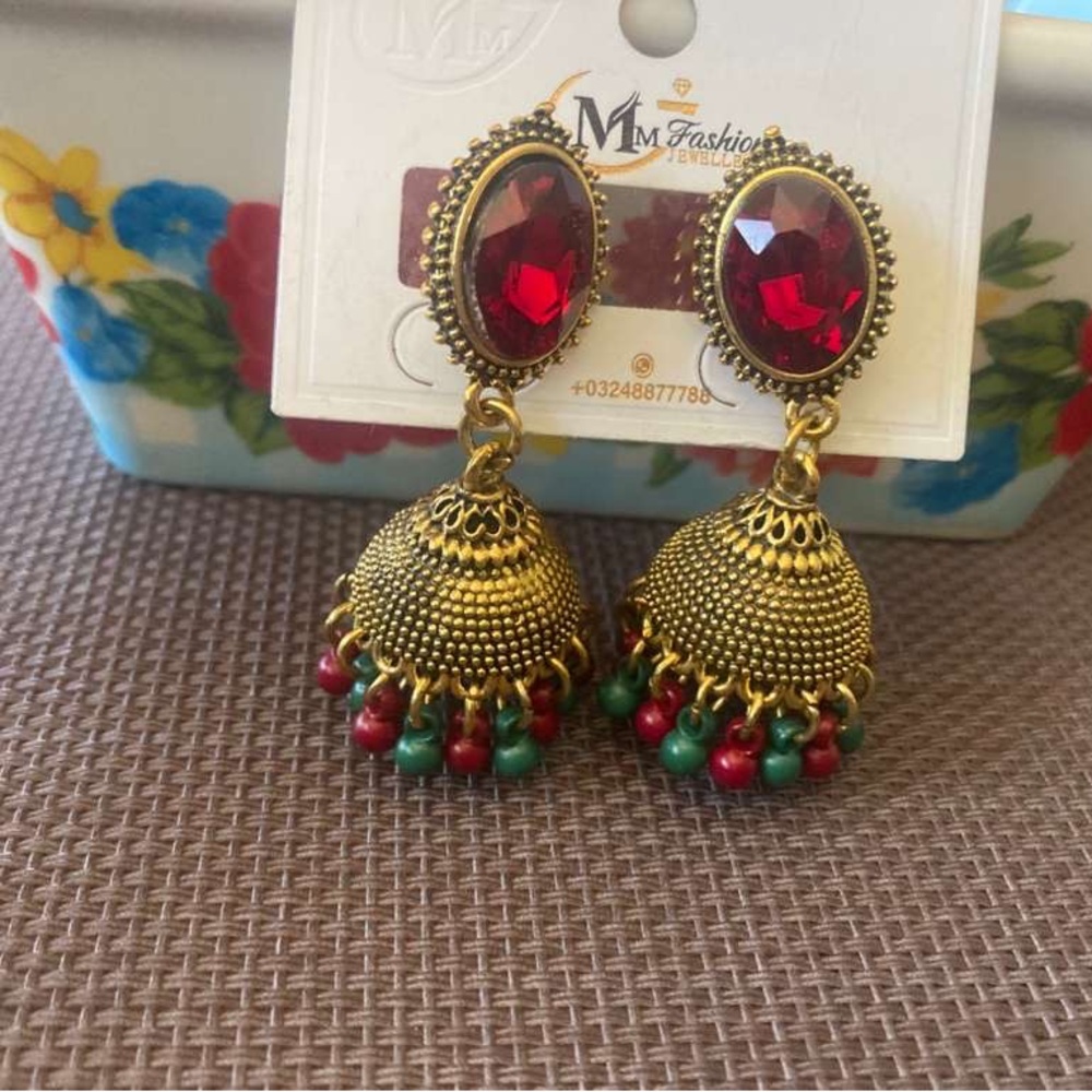 MNM Fashion Gold Jhumka Earrings with Red Gems and Red-Green Beads